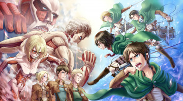 Картинка аниме shingeki+no+kyojin солдаты гиганты парни mikasa ackerman annie leonhardt девушки спокойствие злость rivaille bertholt fubar reiner braun armin arlert eren jaeger