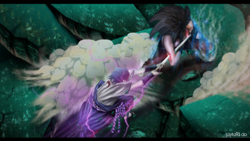 Картинка аниме naruto саске мадара учиха бой чидори катана камни пыль