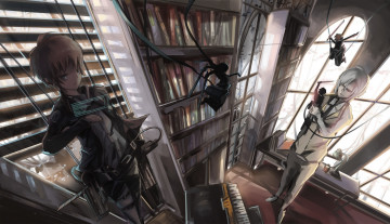 Картинка psycho-pass+&+shingeki+no+kyojin аниме psycho-pass арт вторжениегигантов makishima shougo qianqian shingeki no kyojin книги комната гиганты парень девушка tsunemori akane оружие рояль