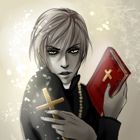 Обои картинки фото аниме, *unknown , другое, библия, сияние, бусы, взгляд, крест, книга, парень