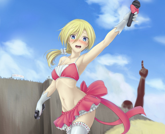 Обои картинки фото аниме, shingeki no kyojin, смущение, микрофон, поза, взгляд, christa, renz, стена, девушка