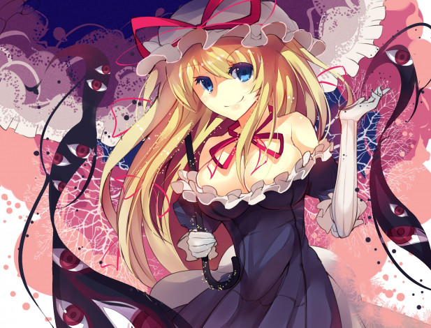 Обои картинки фото аниме, touhou, грудь, бант, чепчик, глаза, rain, lan, арт, зонт, девушка, yakumo, yukari