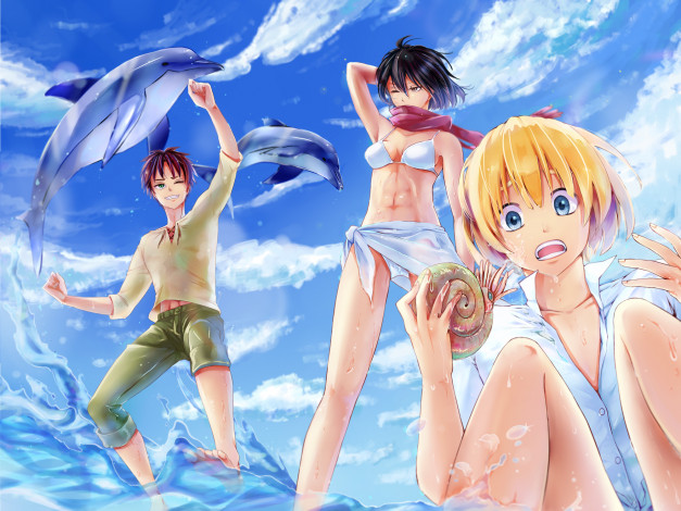 Обои картинки фото аниме, shingeki no kyojin, art, девушка, mikasa, ackerman, парни, eren, jaeger, armin, arlert, радость, удивление, бикини, море, дельфины