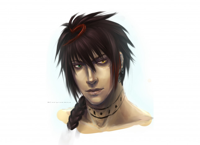 Обои картинки фото аниме, *unknown , другое, портрет, лицо, тату, коса, глаза, разные, шатен, парень