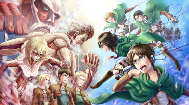 Обои картинки фото аниме, shingeki no kyojin, солдаты, гиганты, парни, mikasa, ackerman, annie, leonhardt, девушки, спокойствие, злость, rivaille, bertholt, fubar, reiner, braun, armin, arlert, eren, jaeger