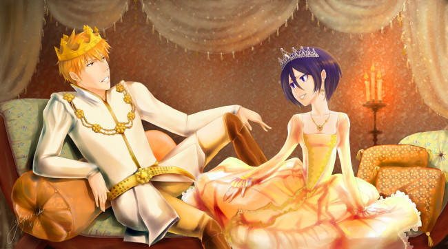 Обои картинки фото аниме, bleach, корона, платье, украшения, парень, девушка, kuchiki, rukia, kurosaki, ichigo, art