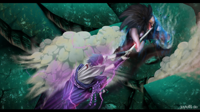 Обои картинки фото аниме, naruto, саске, мадара, учиха, бой, чидори, катана, камни, пыль