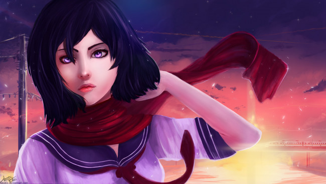 Обои картинки фото аниме, shingeki no kyojin, девушка, mikasa, ackerman, взгляд, жест, шарф, закат, поезд