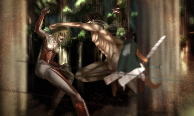 Обои картинки фото аниме, shingeki no kyojin, mikasa, ackerman, девушка, inupii, art, сражение, злость, eren, jaeger, annie, leonhardt, гиганты, солдаты, лес