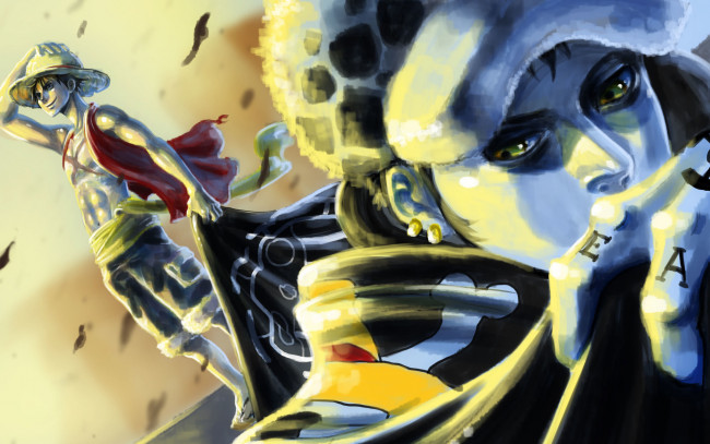 Обои картинки фото аниме, one piece, шляпа, ветер, парни, trafalgar, law, monkey, d, luffy