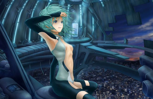 Обои картинки фото vocaloid, аниме, арт, вокалоид, hatsune, miku, девушка, высота, город, ветер