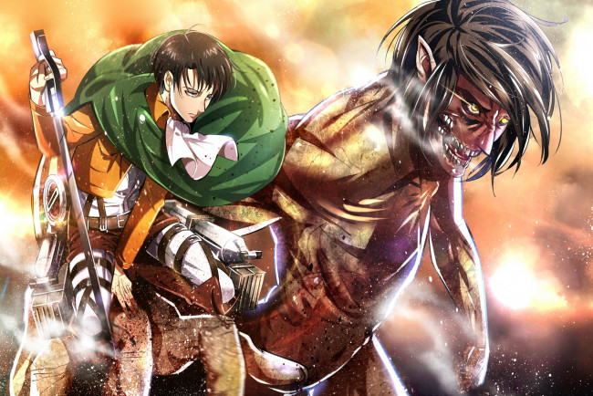 Обои картинки фото аниме, shingeki no kyojin, плащ, настрой, клинки, жест, злость, eren, jaeger, гигант, спокойствие, rivaille, парень