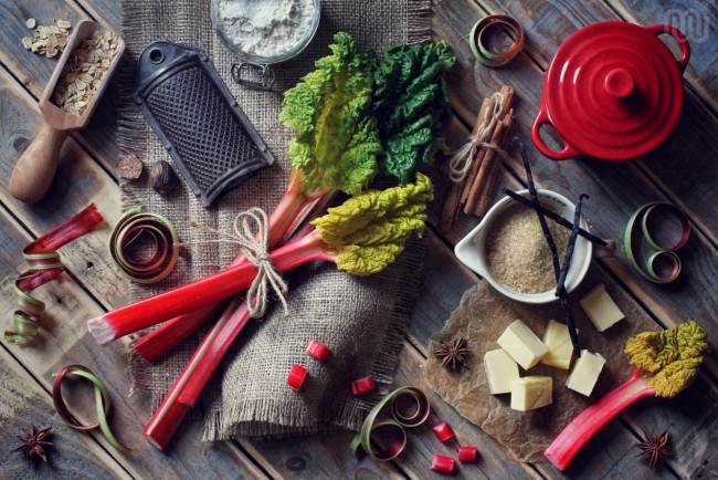 Обои картинки фото еда, разное, масло, сахар, ревень, терка, корица