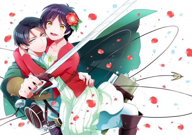 Обои картинки фото аниме, shingeki no kyojin, лепестки, солдат, клинки, объятья, удивление, безразличие, девушка, rivaille, парень, tachibana, amane, art