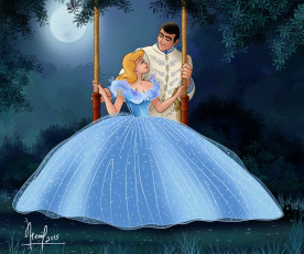 Картинка векторная+графика мультфильмы+ cartoons луна деревья ночь качели принцесса принц