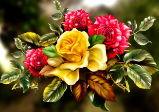 Картинка рисованное цветы листья букет розы