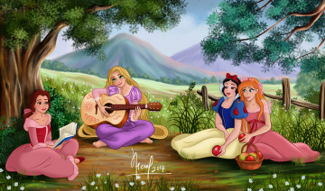 Картинка векторная+графика мультфильмы+ cartoons луг горы гитара фон взгляд девушки книга яблока корзина цветы деревья