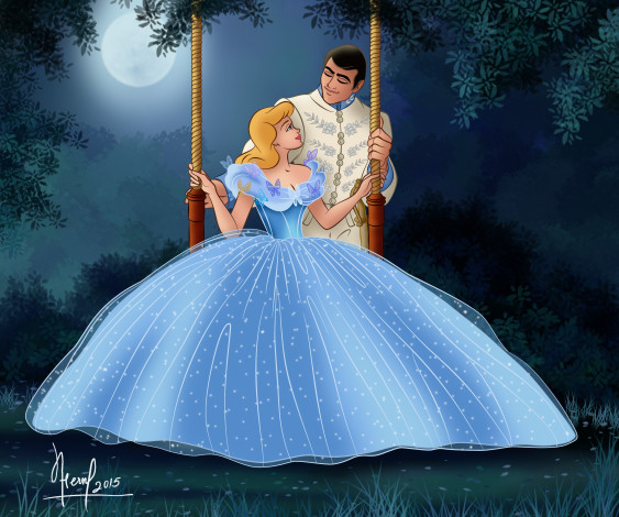 Обои картинки фото векторная графика, мультфильмы , cartoons, луна, деревья, ночь, качели, принцесса, принц