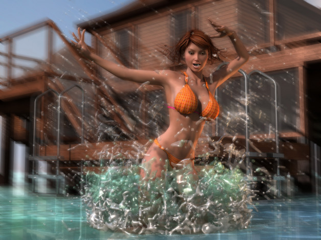 Обои картинки фото 3д графика, люди , people, взгляд, девушка, брызги, вода, фон