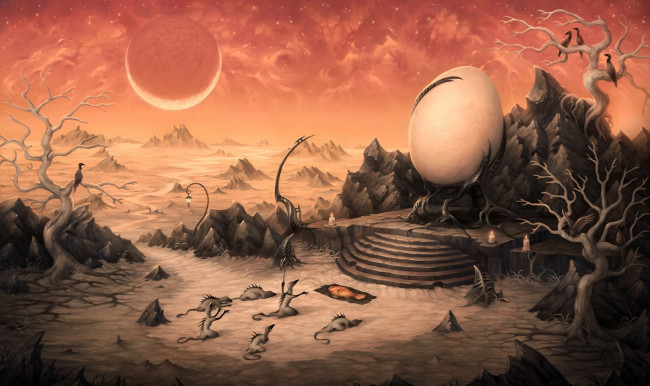 Обои картинки фото фэнтези, существа, деревья, яйцо, трон, арт, свечи, планеты, поклонение, птицы