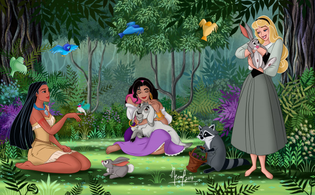 Обои картинки фото векторная графика, мультфильмы , cartoons, лес, фон, взгляд, девушки, поляна, звери, птицы