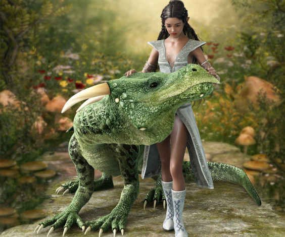 Обои картинки фото 3д графика, эльфы , elves, фон, взгляд, девушка, дракон