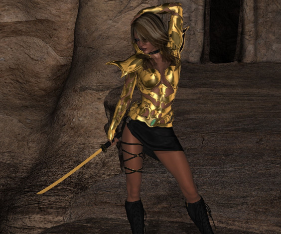 Обои картинки фото 3д графика, фантазия , fantasy, девушка, взгляд, фон, оружие