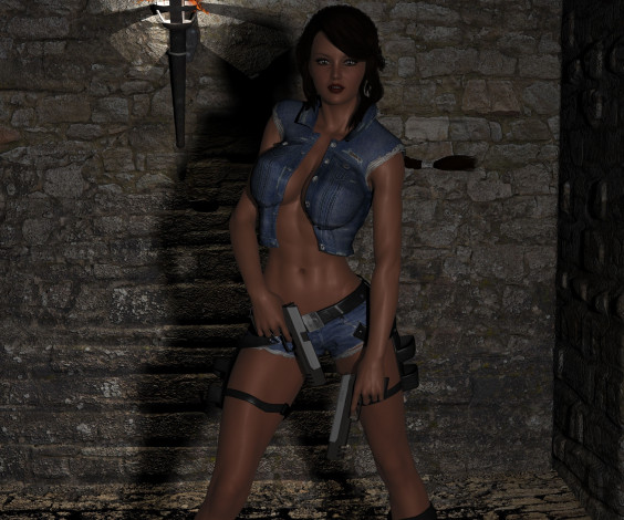 Обои картинки фото 3д графика, люди , people, оружие, взгляд, фон, девушка