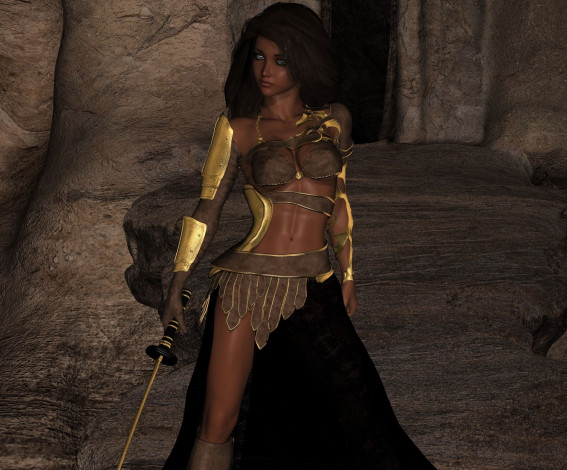 Обои картинки фото 3д графика, фантазия , fantasy, шпага, фон, взгляд, девушка