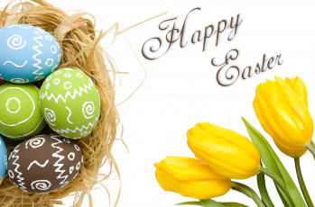 Картинка праздничные пасха желтые тюльпаны крашеные яйца на пасху