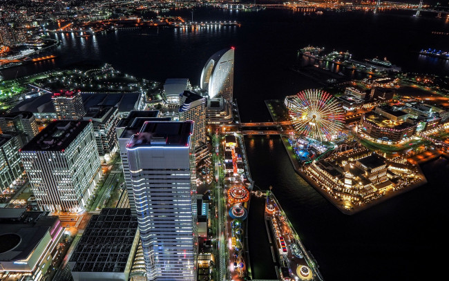 Обои картинки фото токио, Япония, города, токио , ferris, wheel, ночь, palette, town, огни, cityscape, night, tokyo, japan, городской, пейзаж, city, lights, город