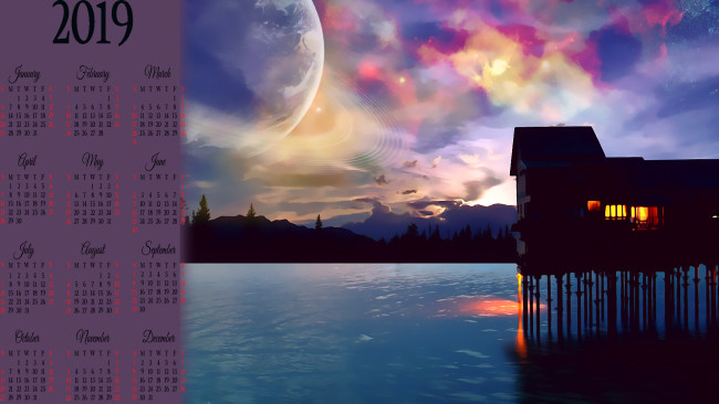 Обои картинки фото календари, компьютерный дизайн, здание, планета, водоем