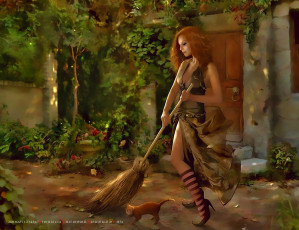 обоя календари, фэнтези, метла, кошка, женщина, дом, девушка, уборка, calendar, 2020