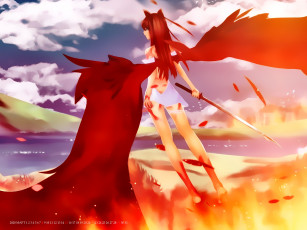 обоя календари, аниме, крылья, красный, девушка, оружие, calendar, 2020