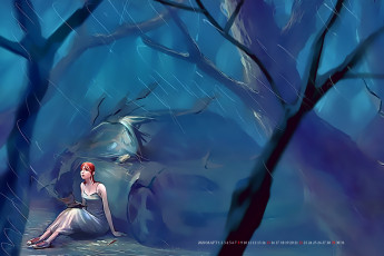 обоя календари, рисованные,  векторная графика, девушка, машина, дождь, деревья, природа, автомобиль, calendar, 2020