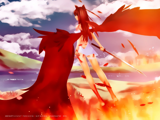 Обои картинки фото календари, аниме, крылья, красный, девушка, оружие, calendar, 2020