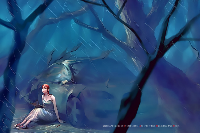 Обои картинки фото календари, рисованные,  векторная графика, девушка, машина, дождь, деревья, природа, автомобиль, calendar, 2020