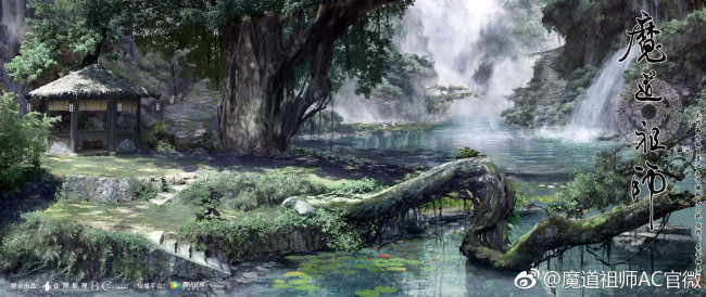 Обои картинки фото рисованное, кино,  мультфильмы, облачные, глубины, гусу, лань, беседка, водопады