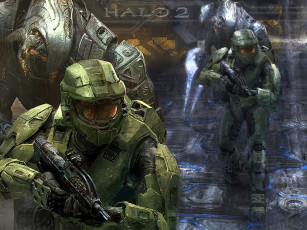 обоя видео игры, halo 2, солдаты, броня, монстр, оружие