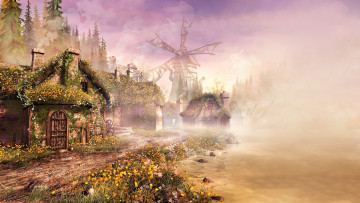 обоя 295738, рисованное, города, домик, у, реки