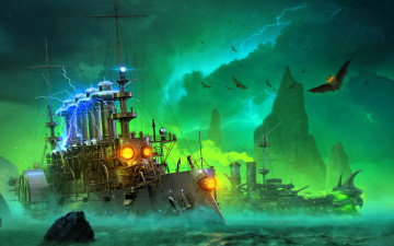 обоя видео игры, world of warships, корабли, фэнтези, энергия, море, скалы, летучие, мыши