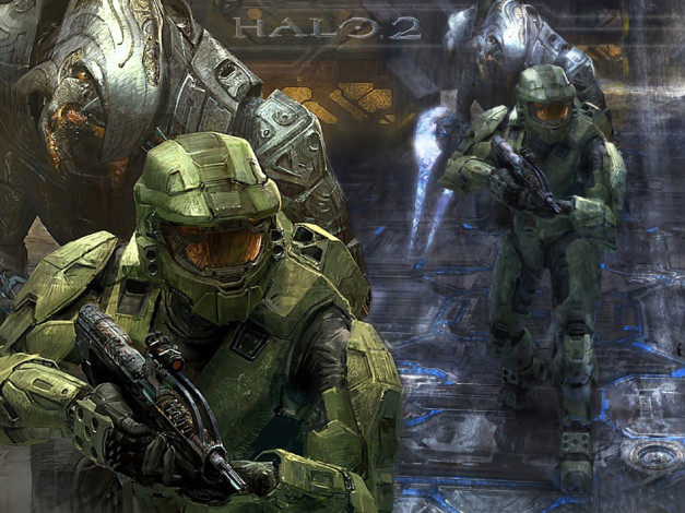 Обои картинки фото видео игры, halo 2, солдаты, броня, монстр, оружие