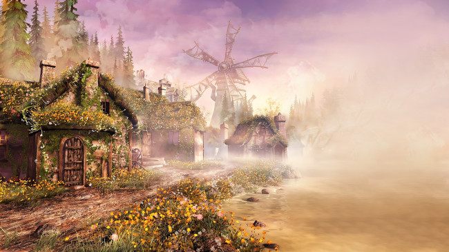 Обои картинки фото 295738, рисованное, города, домик, у, реки