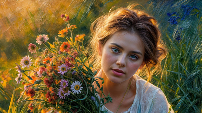 Обои картинки фото 3д графика, портреты и лица , portraits and faсes, рыженькая, полевые, цветы