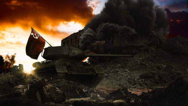 Обои картинки фото видео игры, world of tanks, танк, флаг, развалины, дым