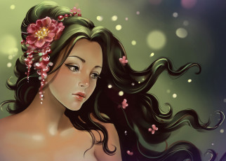 Картинка рисованные люди рыжий котенок девушка цветы