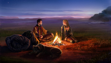 Картинка фэнтези эльфы эльфийка собака костёр мужчина