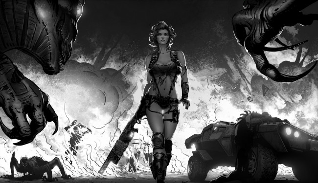 Обои картинки фото фэнтези, красавицы, чудовища, существа, оружие, монстры, девушка