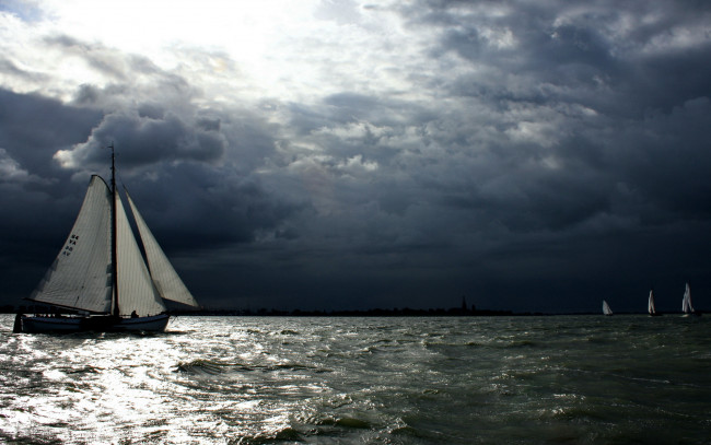 Обои картинки фото корабли, Яхты, море, яхты, ночь, небо