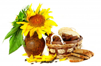 Картинка еда хлеб выпечка корзина композиция кувшин подсолнухи